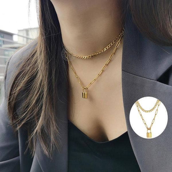 

layered lock pendant necklace for women choker gold color stainless steel paperclip curb cuban link chain fashion jewelry ldn262 necklaces, Silver