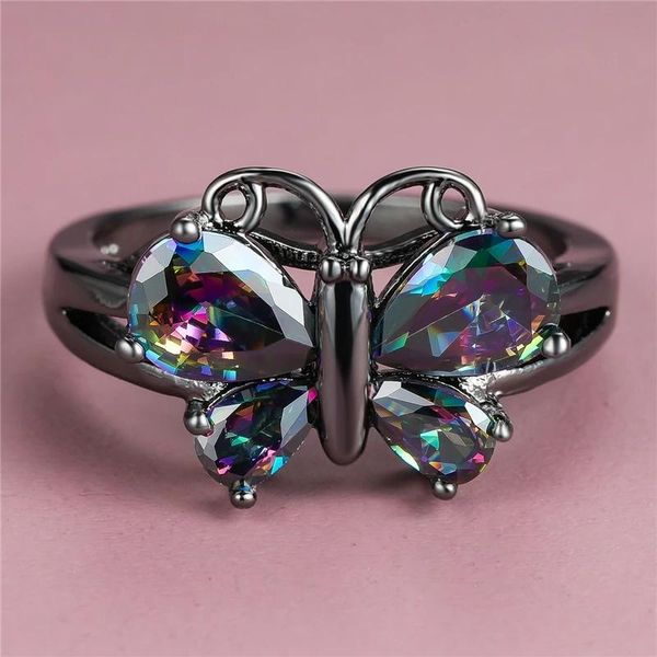 

wedding rings wholesale rainbow butterfly for women silver black gold purple blue red pear zircon birthstone ring female cz jewelry, Slivery;golden
