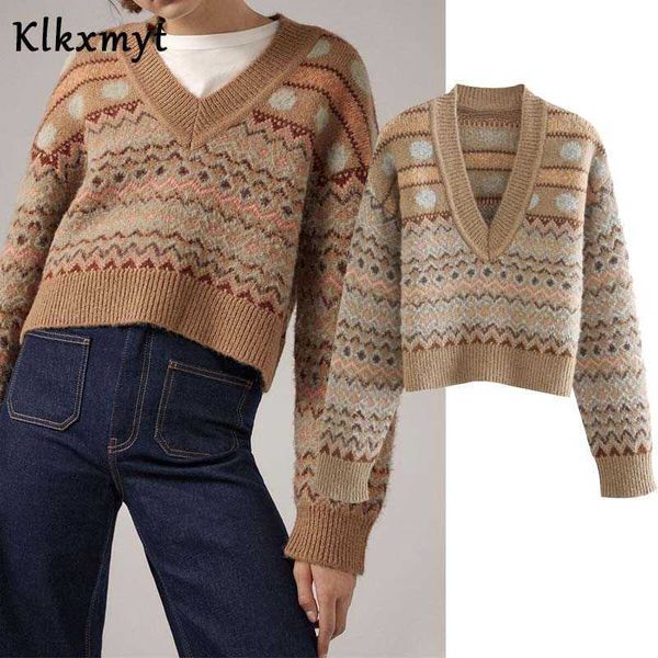 

klkxmyt za sweaters women fashion jacquard knitted sweater vintage v neck long sleeve female pullovers chic 210527, White;black