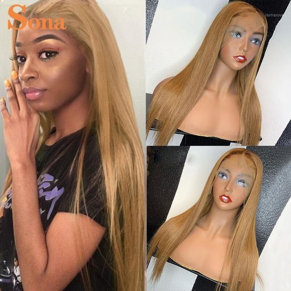 

#27 honey blonde lace front human hair wigs peruvian remy transparent ginger frontal wig 180% density1, Black;brown