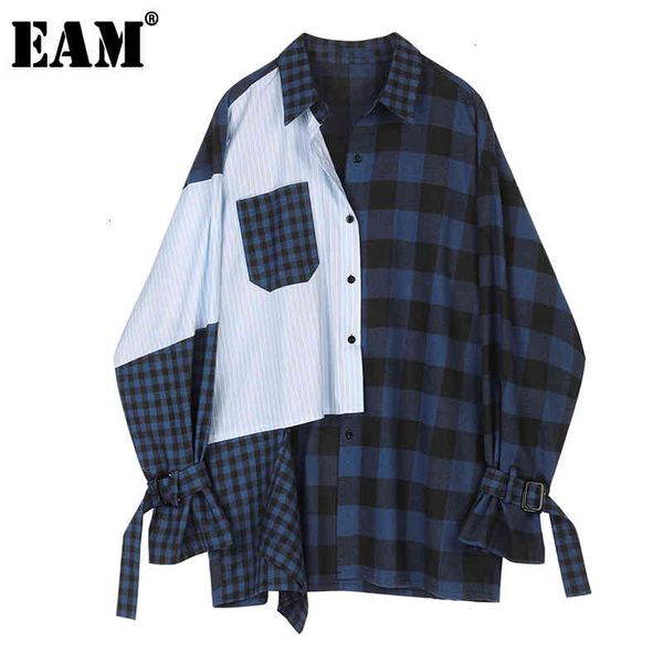 

[eam] women blue striped plaid split big size blouse lapel long sleeve loose fit shirt fashion spring autumn 1d356 210512, White