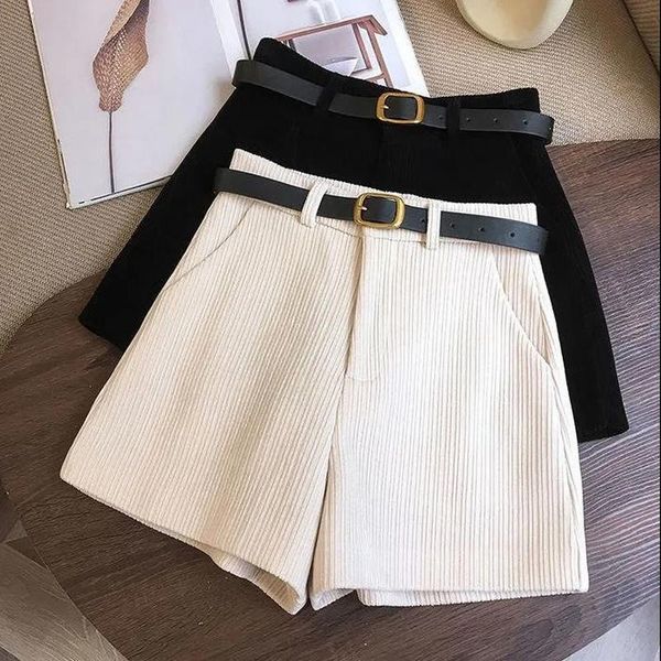 

women's shorts casual streetwear plus size for women winter high waist corduroy ladies with belt loose wide leg short femme j63, White;black