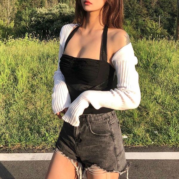 

women's t-shirt girl european and american design sense slim versatile covering arms long sleeves high waist short blouse women, White