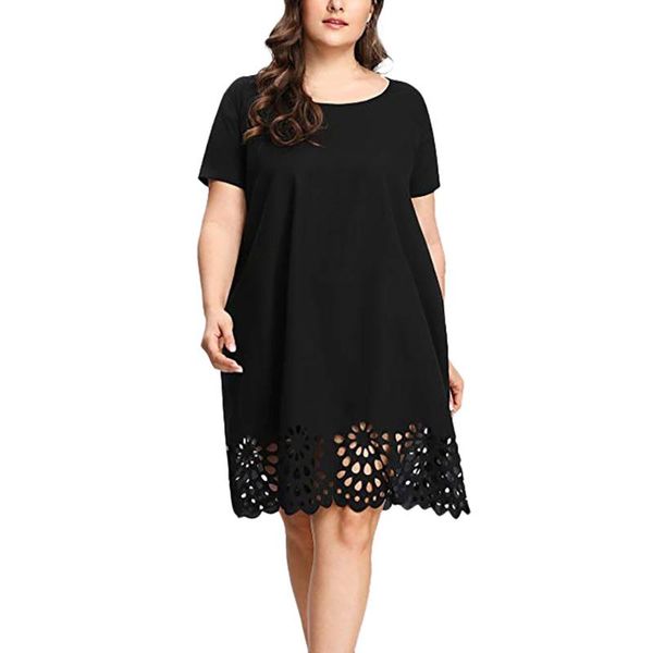 

plus size dress women solid color short sleeve o-neck hollow out casual loose elegant femme robe vestido de mujer @40 dresses, Black;gray