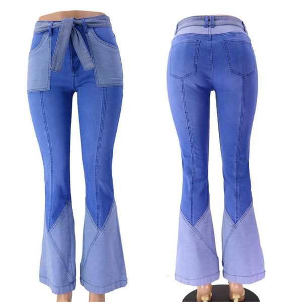 

women's jeans casual denim long wide pants bandage bow clothes for women, Blue