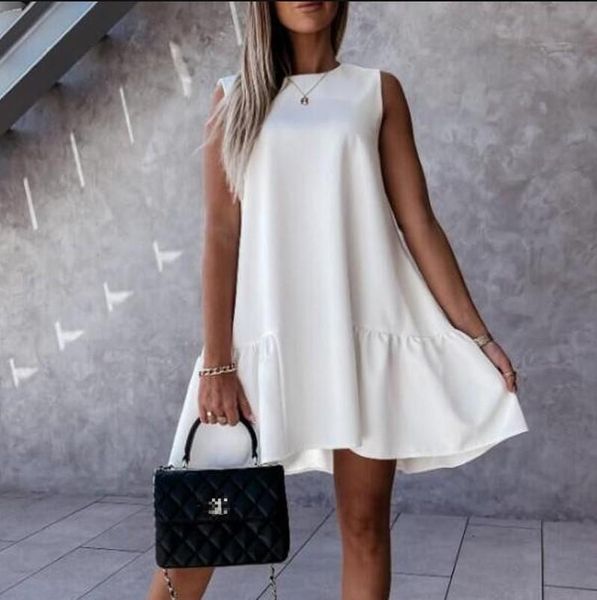 

casual dresses summer office lady loose mini women elegant o neck solid simple dress ruffle sleeveless party vestidos, Black;gray