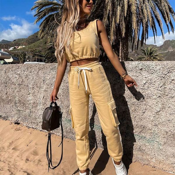 

crop women outfit summer tracksuit sets sleeveless tank drawstring pocket pants set streetwear casual lady trouser suits 210524, White