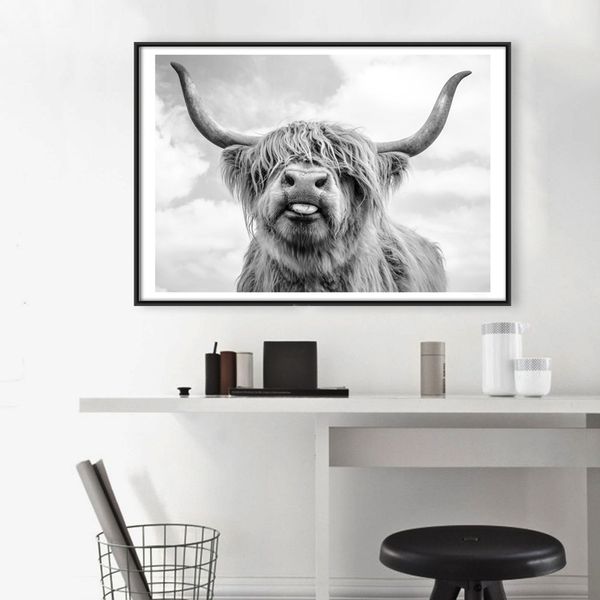 

1pcs unframed wall art canvas painting yak poster black white cow picture