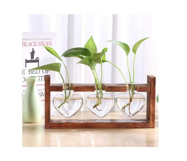 

vases wooden frame glass vase heart shape hydroponic plant vintage flower pot table deskbonsai home decoration