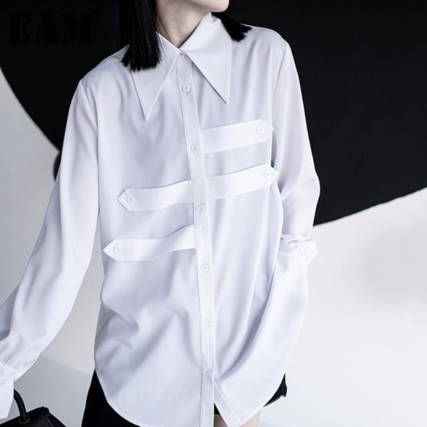 

[eam] women white bright sllk buckle big size blouse lapel long sleeve loose fit shirt fashion spring autumn 2021 1dd5554 women's blous