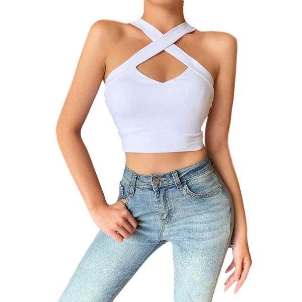 

women's tanks & camis women fashionable solid color cross hanging neck short camisole hollow slim midriff-baring vest for dating vacati, White