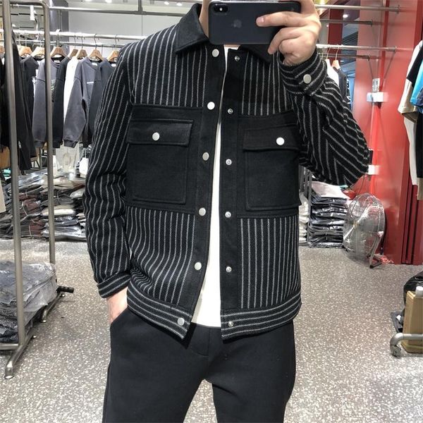 

men's wool & blends 2022 autumn fashion short slim woolen jackets male lapel stripe patchwork coats men single breasted casual outwear, Black