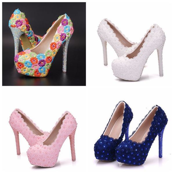 

dress shoes crystal queen flower lace wedding lace-up high heels platform woman party white pink 5u43, Black