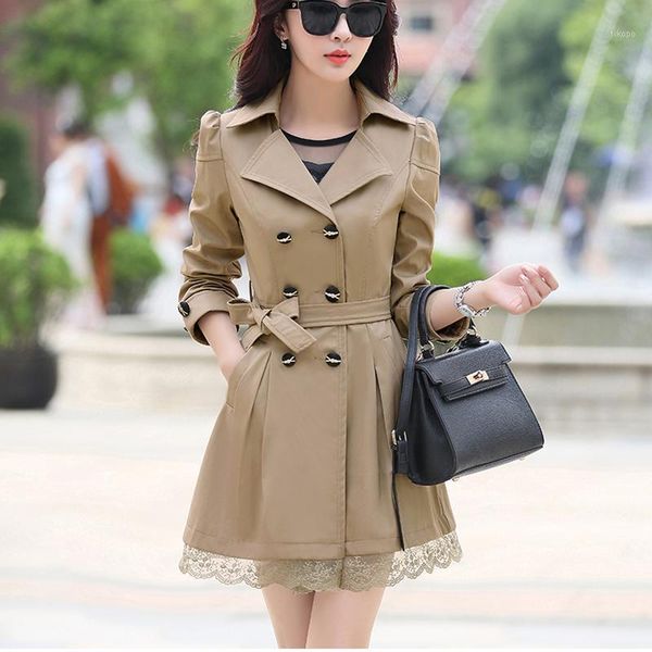 

women's trench coats windbreaker thin section 2021 autumn korean version self-cultivation double-breasted lace stitching coat1, Tan;black