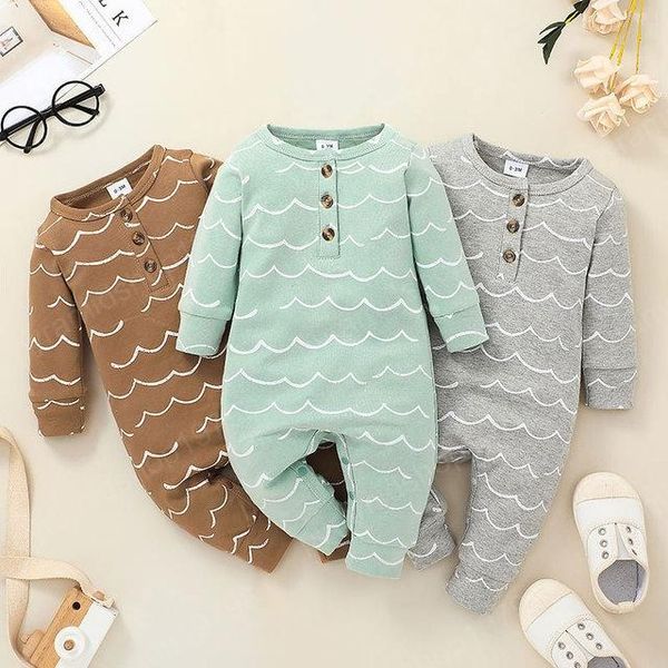 

baby wave jumpsuits fall 2021 kids boutique clothing 0-18m newborn infant toddlers cotton long sleeves bodysuits crawl clothes, Blue