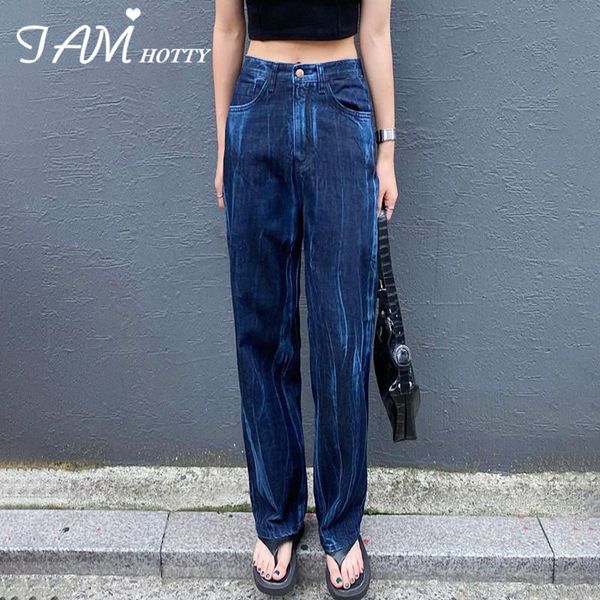 

women's jeans pockets front fashion wide leg straight women casual high waist baggy loose long denim trousers oversize pants iamty, Blue