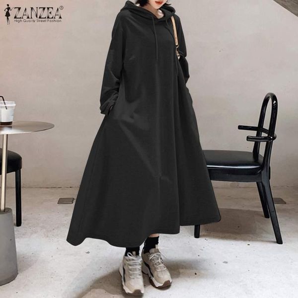 

autumn winter long sleeve sweatshirt dress zanzea women hoodies maxi sundress casual hooded a-line vestido plus size dresses, Black;gray