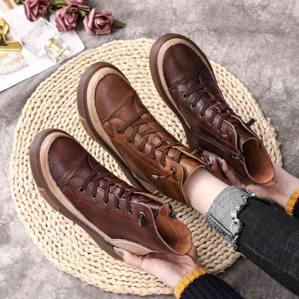 

autumn leather martin boots women's head layer cow short tube fort wind flat heel tendon bottom lace up boots, Black
