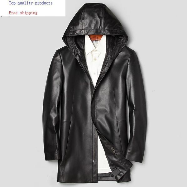 

men's leather & faux long coat genuine hooded jacket korean windbreaker sheepskin chaqueta cuero hombre 71j7866 yy271, Black