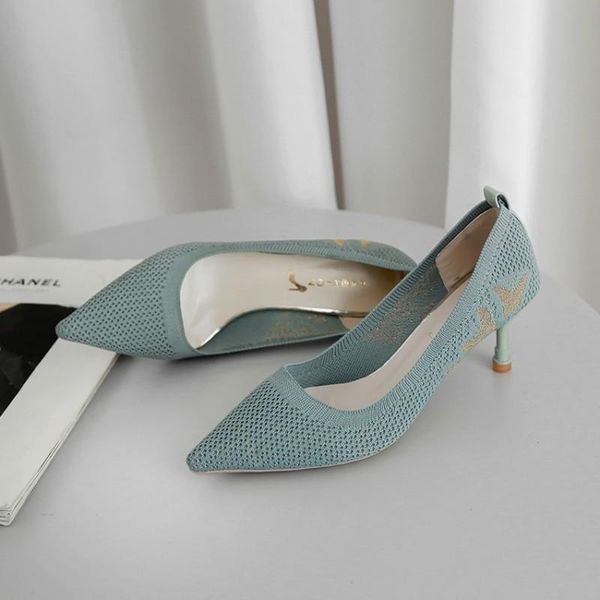 

dress shoes women high heels lady solid butterfly pattern pumps pointed single elegant ladies office elastic fabric casual j14-20, Black