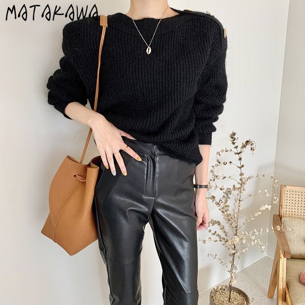 

matakawa round neck button long-sleeved knitted sweater winter clothes women korean chic autumn and winter retro woman sweaters 210513, White;black