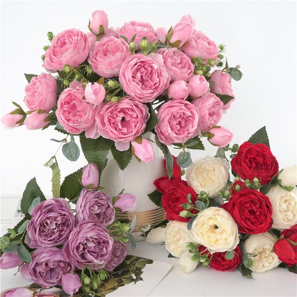 

bouquet artificial silk peony flowers fake for wedding party home decor table decoration, 5 forks, 9 flowers, 29cm decorative & wreaths