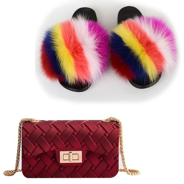 

slippers womens real fur colorful jelly chain shoulder bags shoes sets woman fluffy furyy raccoon slides crossbody purse, Black
