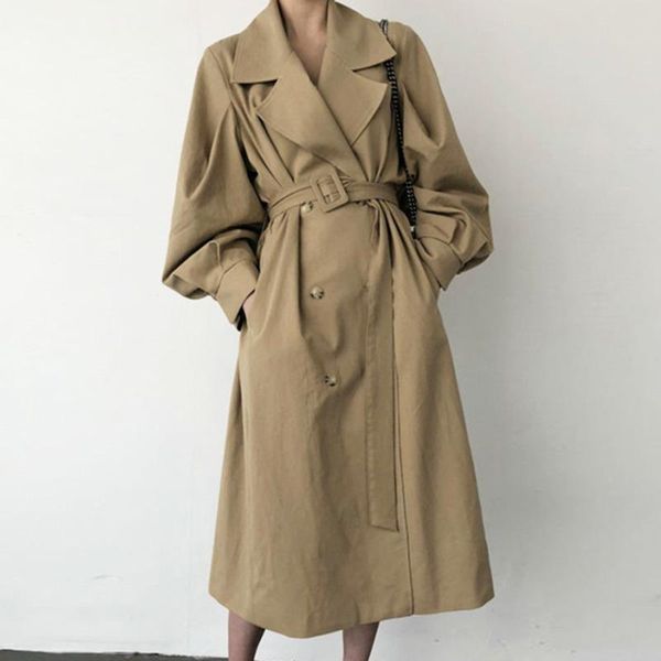 

women's trench coats [ewq] korea chic autumn casual fashion women lapel double-breasted loose lace-up long-sleeved windbreaker 2021 16e, Tan;black