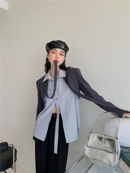 

women's suits & blazers suit coat autumn stripe stitching fake two-piece design sense niche casual top, White;black