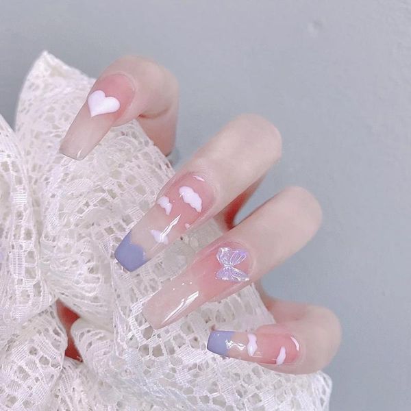 

false nails 24pcs blue sky white clouds fake purple pink long coffin detachable wearable ballerina nail tips with design manicure tool, Red;gold