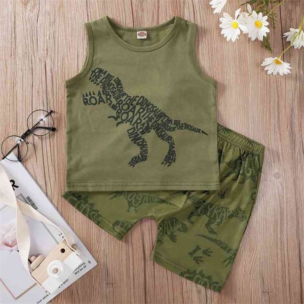 

summer children sets sleeveless o neck print letter dinosaur green shorts cute girls boys clothes set 9m-6t 210629, White