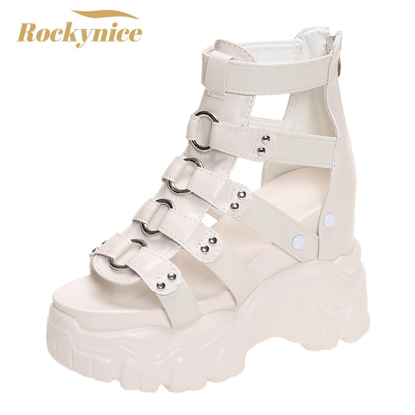 

sandals women thick bottom gladiator shoes woman summer chunky sneakers high platform hollow out 8cm wedge heels beach sandalias, Black