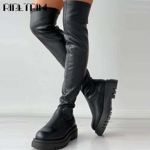 RIBETRINI Neue Marke Mode Designer Frauen Oberschenkel Hohe Stiefel Plattform Blockabsatz Casual Freizeit Punk Straße Über Das Knie Stiefel Y1018