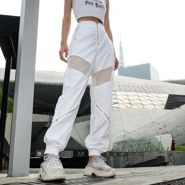 

women patchwork trousers spring casual style high waist pockets pants mesh stitching zipper hip-hop trend women's & capris, Black;white