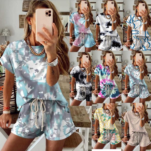 

women's shorts suits tie dye print tracksuit o-neck short sleeve casual female t-shirts suit summer drawstring ladies sets 210527, White