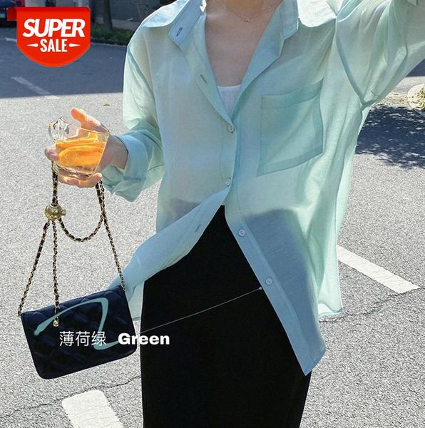 

zhi chuxi korean version of the texture slightly transparent tencel white shirt women long-sleeved thin 767 #fs4c, Black;gray