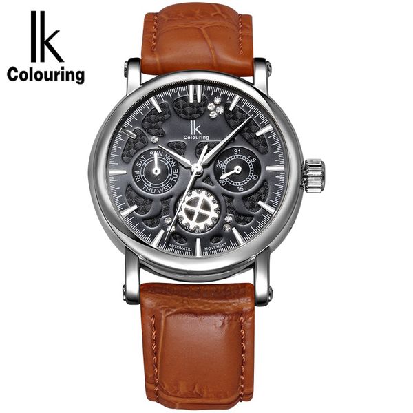 

i colouring relogio masculino clock for men automatic self-wind mechanical clocks car date leather poison, Slivery;brown