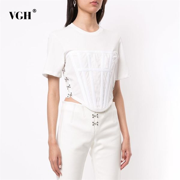 

white casual t shirt for women o neck short sleeve patchwork buckle korean slim shirts female summer fashion clothing 210531