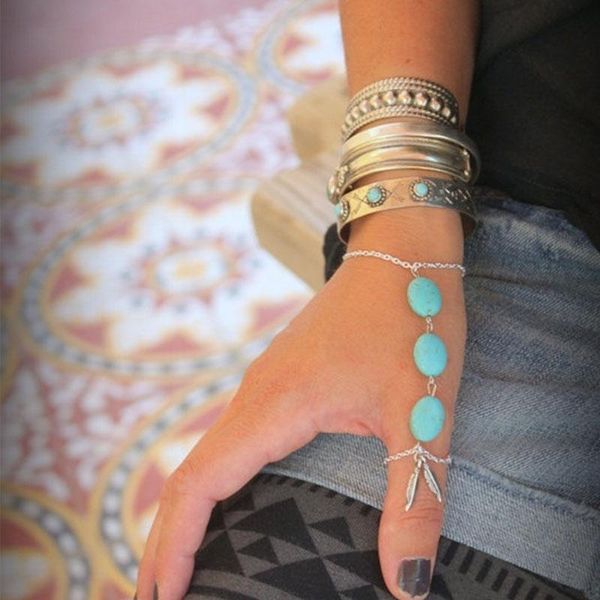 

beaded, strands chain and howlite turquoise index/thumb finger slave bracelet adjustable hand piece native style, Black