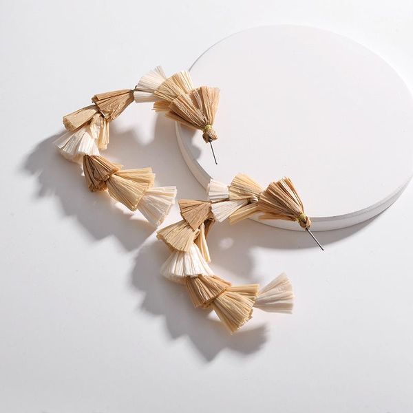 

fashion spring summer burgundy black cream raffia tassel c shape earrings for women jewelry statement gift dangle & chandelier, Silver