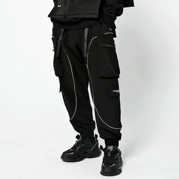 

reflective cargo harem pants streetwear mens hip hop multi-pockets joggers casual harajuku loose hipter trousers men's, Black