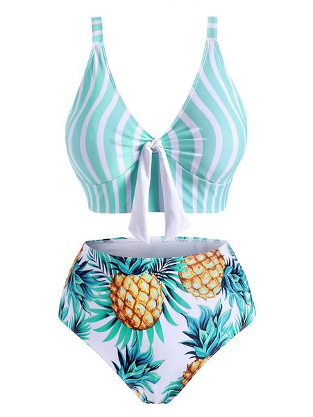 

swimwear plus size striped tropical pineapple tied high rise tankini, White;black
