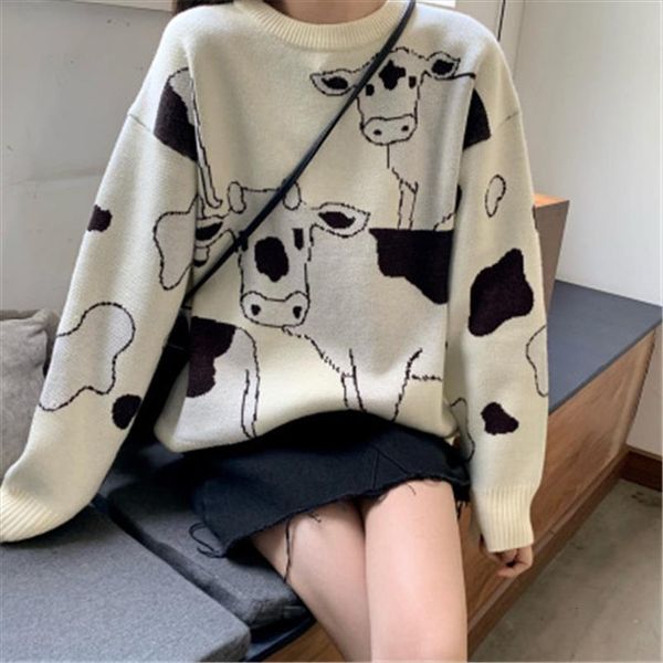 

lazy cow female casual womens sweaters pullover women loose knitted lady jumper ulzzang clothing for, White;black