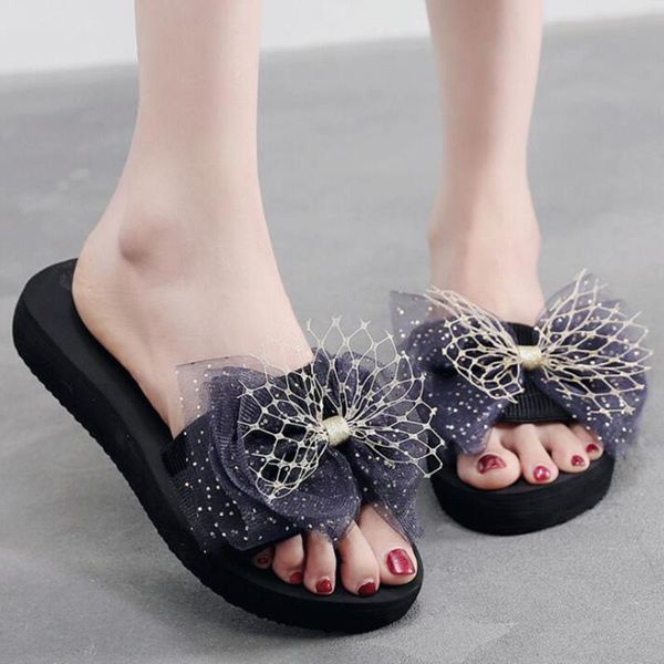 

slippers summer shoes ladies cute bow open toe low platform flip flops for women house indoor flats beach slides female qq667, Black