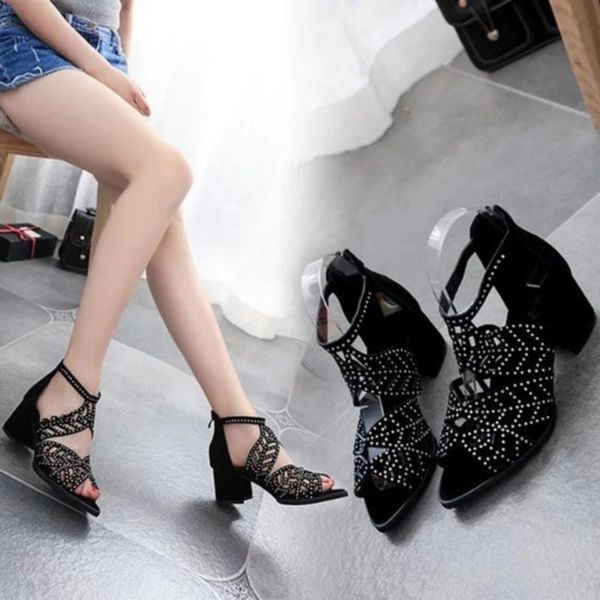 

sandals peep toe pu leather high heels women 2021 summer shoes fashion bling square heel zipper gladiator wedding, Black