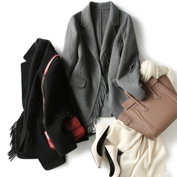 

women's wool & blends korean plus size 4xl tassel design woolen blazer jacket women long sleeve casual slim mid length blend coats chic, Black