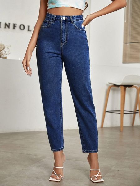 

solid high waist mom jeans d2ip#, Blue