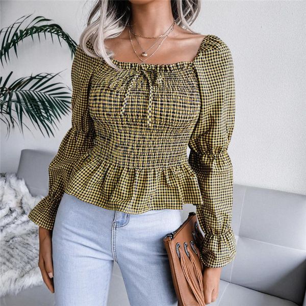 

women's blouses & shirts shrinkage ruffles plaid print slash neck flare sleeve blouse woman clothing 2021 casual blusas femme, White