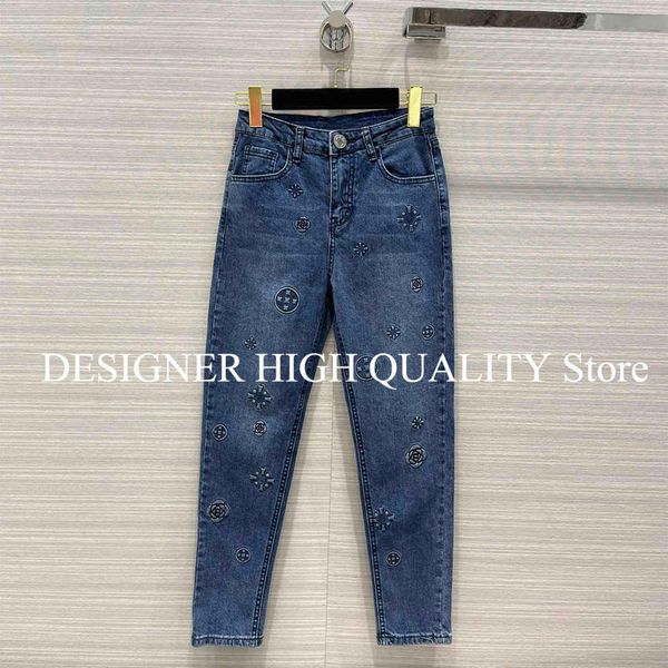 

fashion designer jeans women embroidery flower pattern skinny pencil denim pants high waist streetwear chic 211129, Blue
