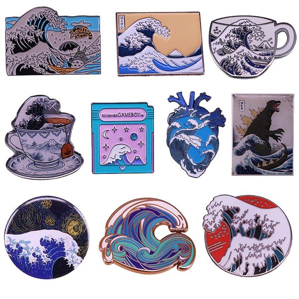 

pins, brooches the great wave of kanagawa enamel pins anatomical heart tea lover japanese style artist hokusai classic painting art brooch, Gray